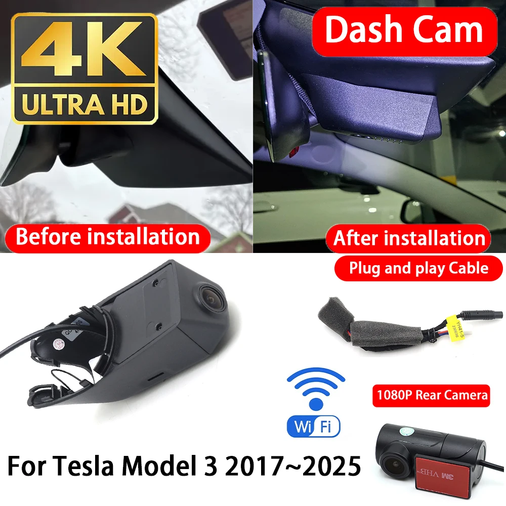 for Tesla Model 3 2017~2025 4K 2160P Dash Cam Front Rear Car Camera DVR Wifi Plug & Play Video Recorder Loop Recording