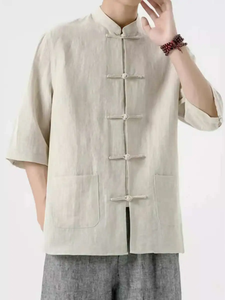 

Новый мужской льняной костюм в китайском стиле (шаньси-фу), летний, ретро, с воротником-стойкой, свободного кроя, из хлопка и льна...