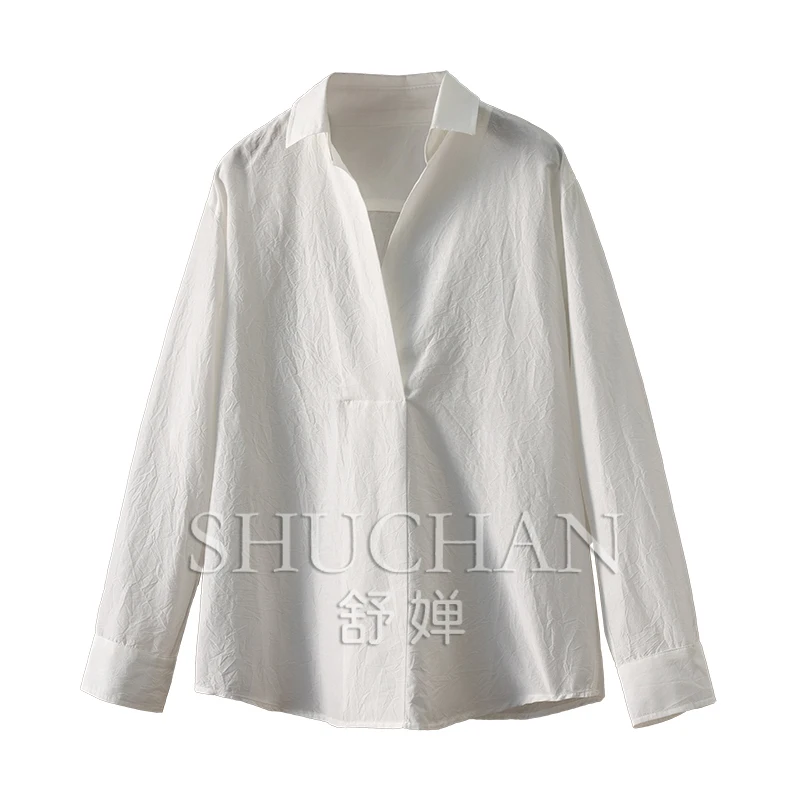 

Simple and Clean High-quality French 30% Natural Silk + 70% Cotton Long-sleeved White Shirt Women Long Sleeve