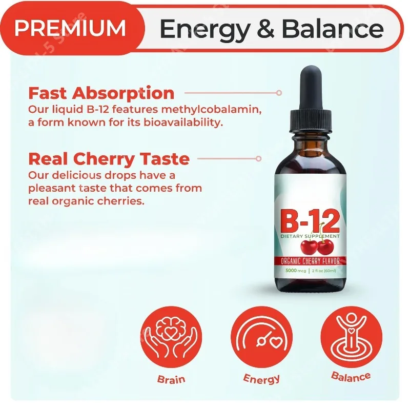 Vitamin B12 Sublingual Liquid Drops 5000mcg Methylcobalamin Cherry Flavor Vegan Sugar Free Non GMO Wellness Supplement 60ml