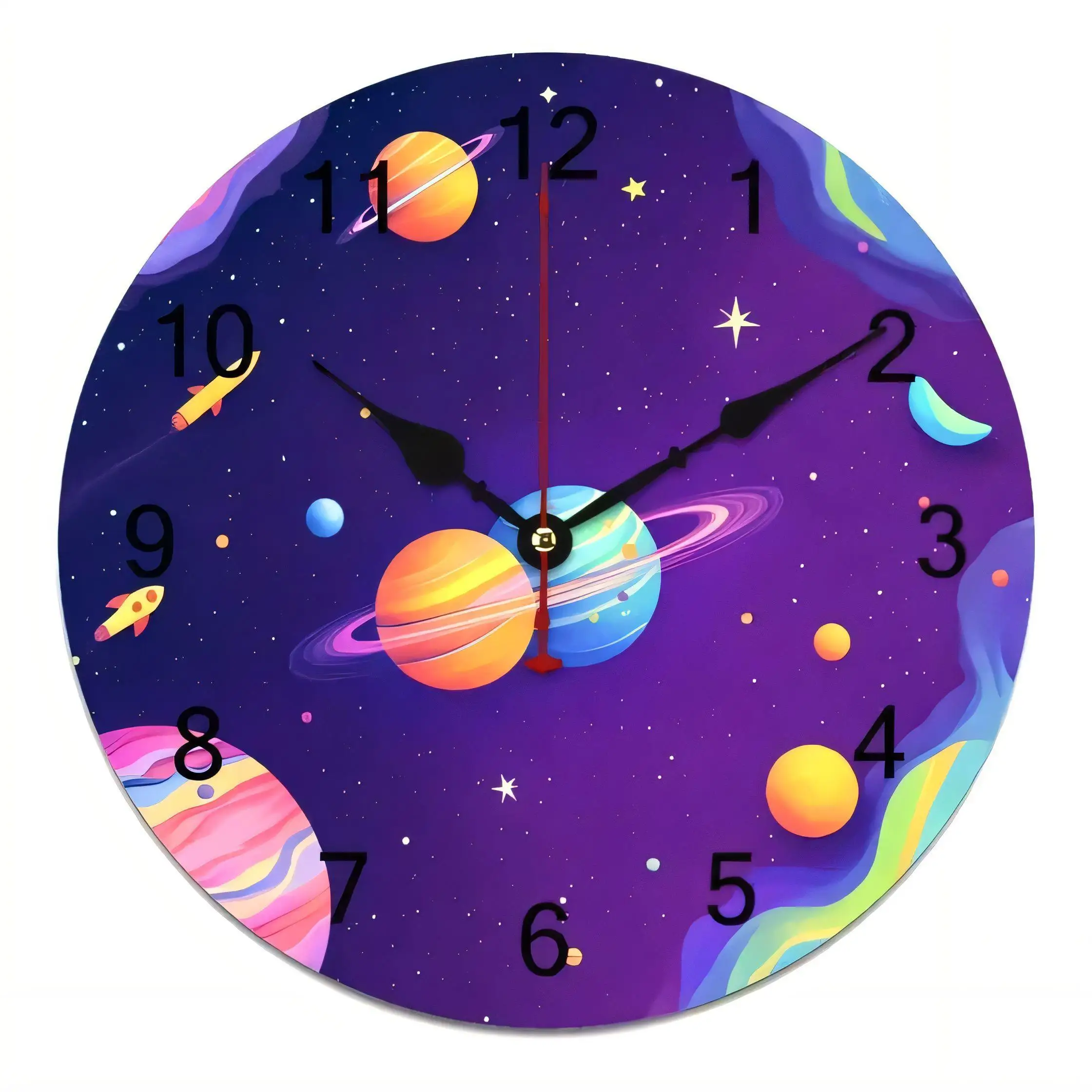 Vibrant Space Wall Clock  Cartoon Planets Moon Rockets Silent Non Ticking Battery Operated Decor for Kids Room