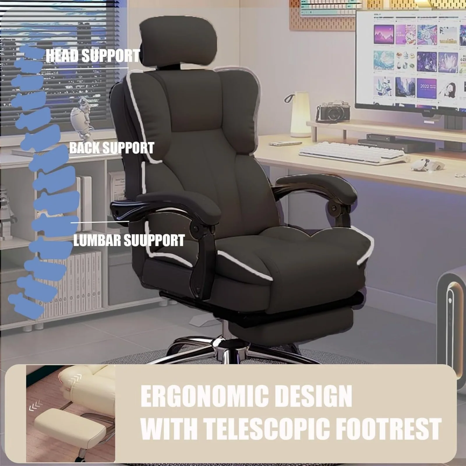 US High Back Home Office Chair with Foot Rest, Ergonomic Office Desk Breathable Fabric Executive Computer Chair Retractable