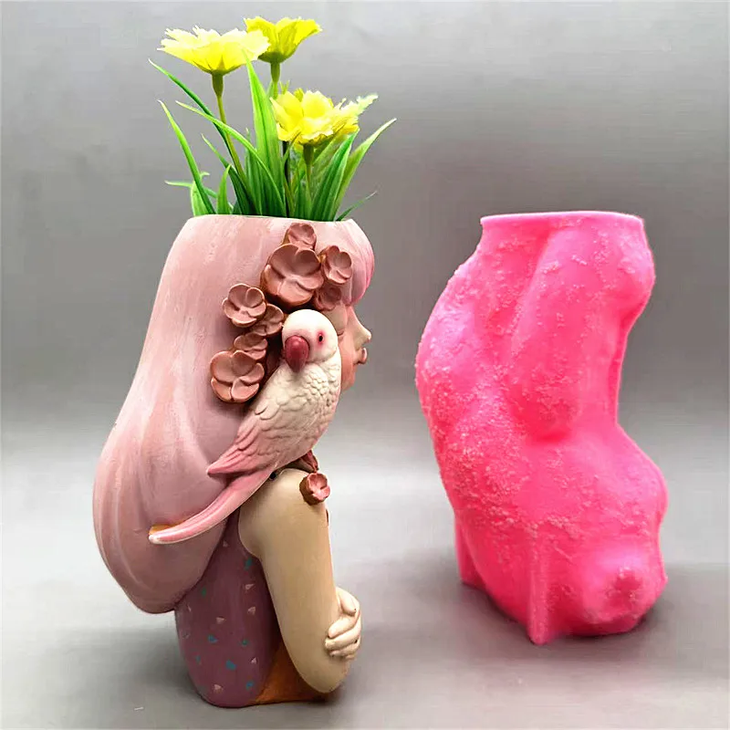 2026 Silicone Mold Parrot Girl Flower Pot Can Be Turned into Gypsum Resin Concrete Garden Balcony Ornament