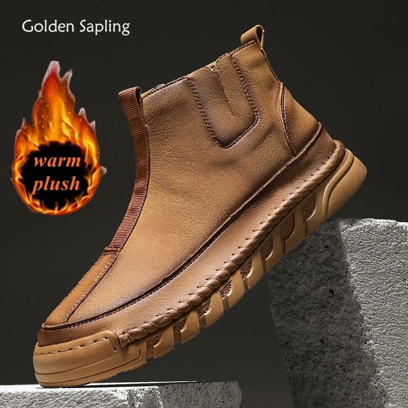 

Golden Sapling Winter Add Plush Warm Men's Boots Outdoor Fashion Soft Leather Side Zipper Man Shoes Round Toe Leisure Flat Boot