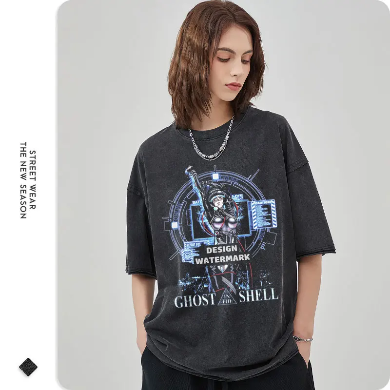 Ghost in The Shell T Shirt Anime Motoko Kusanagi Tank Tops Vintage Washed Tops Tees Manga Short Sleeve Oversized T-shirt Cotton