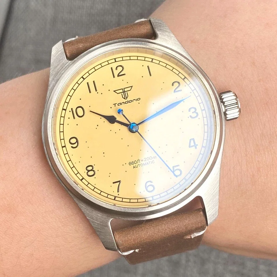 Tandorio 39mm Yellow Dial Arabic Numerals NH35A Automatic 200m Pilot Diver Mens Watch Sapphire Glass 316L Stainless Steel Case