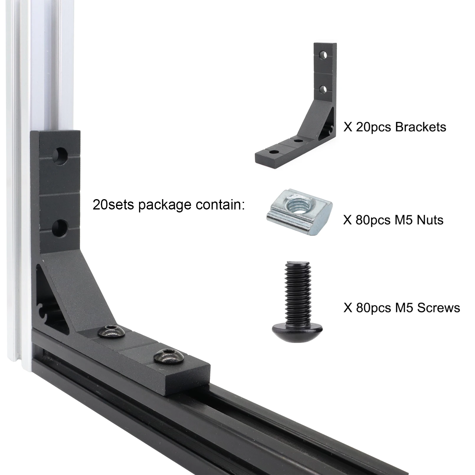 20 Sets 2020 Aluminum Extrusion Profile Corner Bracket 20 Series Right Angle L Connector wtih Nut for 20 x 78mm Rail Extruded