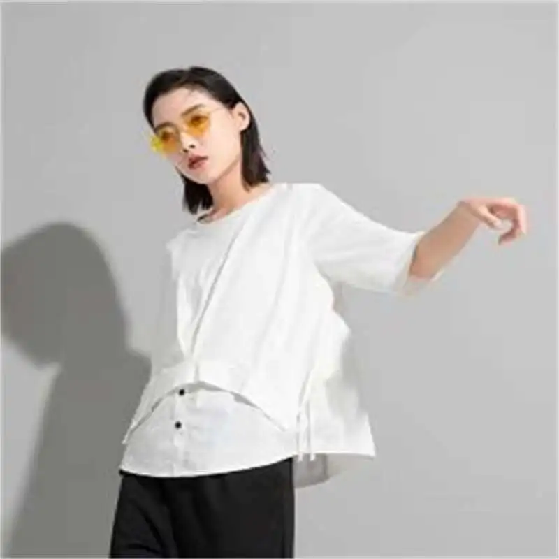 Ladies Short Sleeve T-Shirt Summer New Black Personality Stitching Fake Two Fashionable Casual Large Size Short Sleeve t-Shirts
