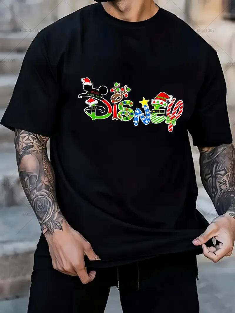 ديزني ميكي عيد الميلاد تي شيرت الرجال القطن بلوزات مستديرة العنق المحملة زوجين المتضخم عطلة عادية هدايا عيد الميلاد الصيف قصيرة الأكمام
