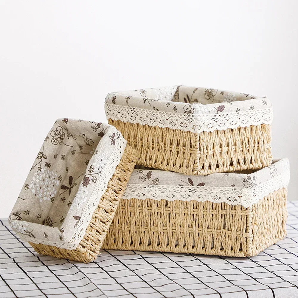 

Handwoven Storage Box Rattan with Cover Desktop Sundries Cosmetics Organizer Food Snack Picnic Basket Closet Fruit Basket 바구니