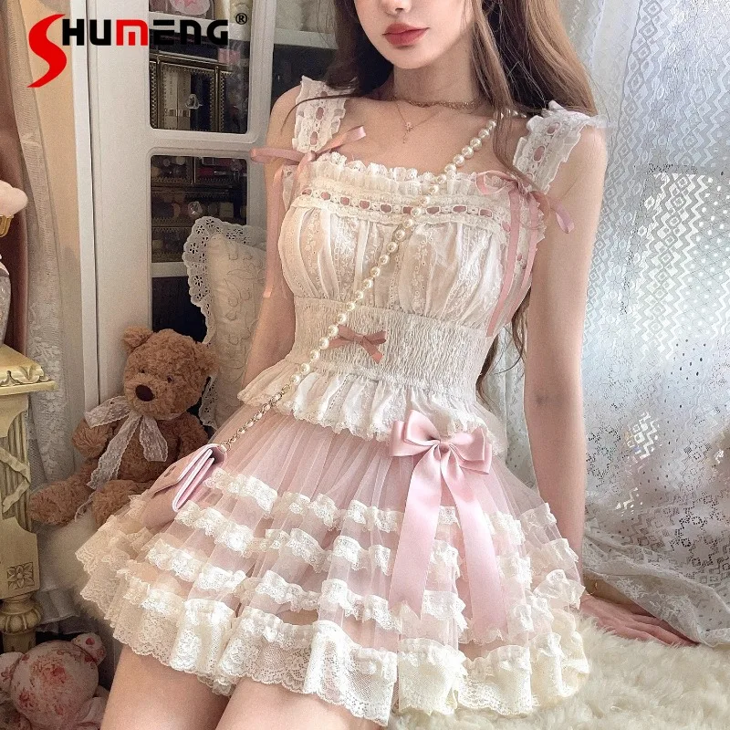 

French Style Doll Lace Suspender One-word Collar Slim Fit Short Camisoles Women's Clothing Kawaii Top Tees Y2k Beautiful Slings