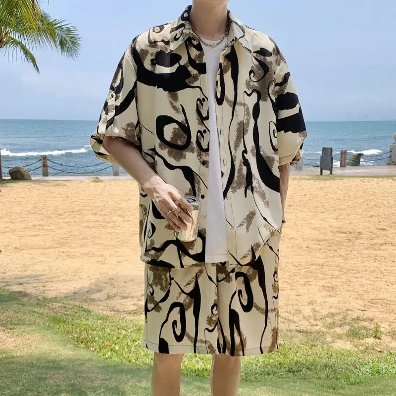

Casual Fashionable Hong Kong Style Men's Clothing Set Short Sleeve Shirt And Shorts Splashed Ink Design Summer Collection