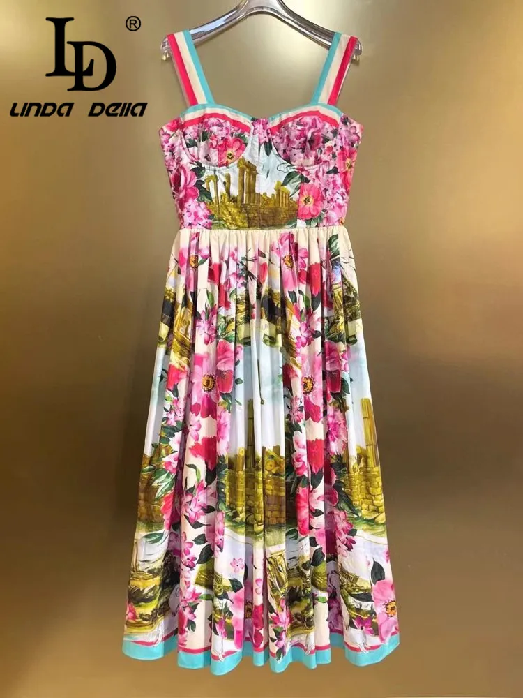 LD LINDA DELLA Fashion Design Women\'s Dress Square-Neck Spaghetti Strap Backless High waist Elegant Print Pleated Cotton Dresses