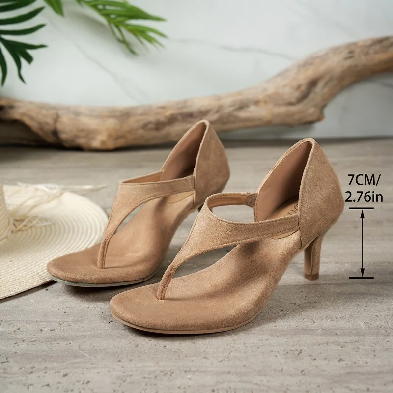 2026 Summer French-style Toe-Post Sandals for Women, Suede Thin-Heel High Heels, Commuter Flip-Flop Single Shoes view 5