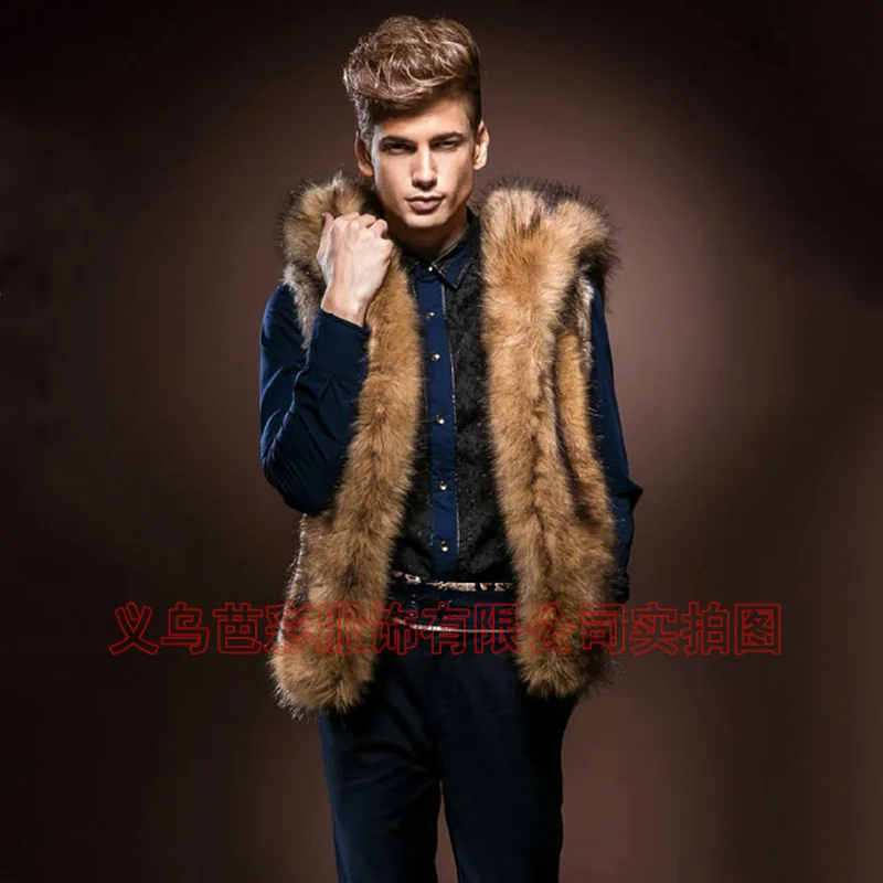 

European American New Fashion Men's Sleeveless Hooded Casual Trendy Loose Simple Basic Faux Fur Coats Male Clothes Vests Tops