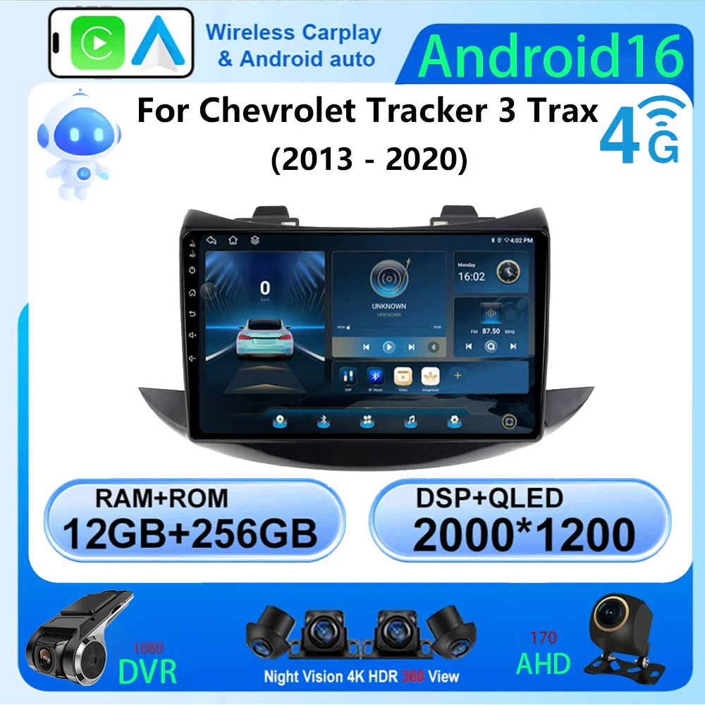 Radio para Auto Android 16 para Chevrolet Tracker 3 Trax 2013 - 2020, Carplay Inalámbrico, Android Auto, Reproductor Multimedia de Video, Estéreo 2Din