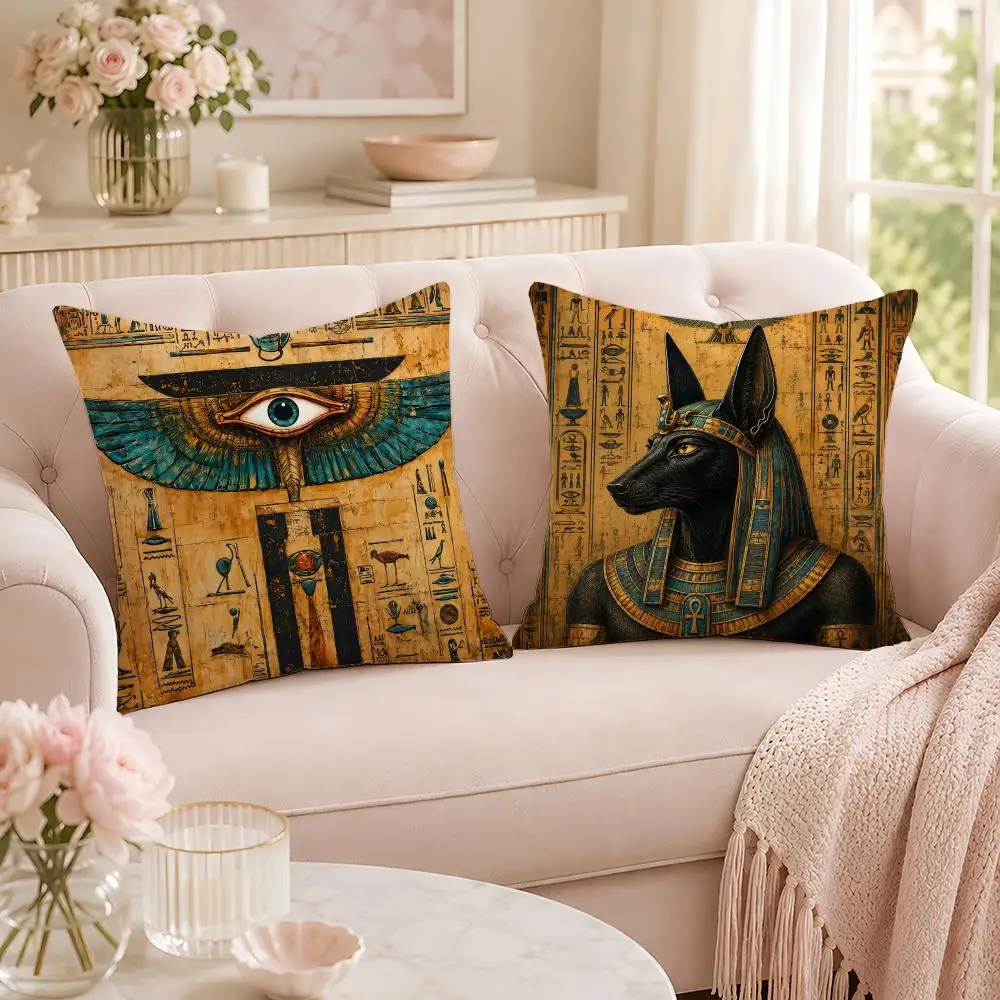 Ancient Egyptian Figures Black Cat Cushion Cover Soft Short Plush Pillow Case Double Sided Print Washable Sofa Home Decor Gift