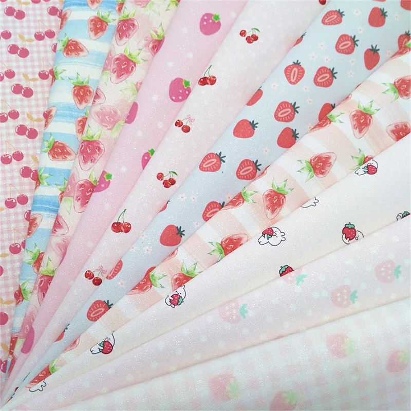 Mini Rolls Sheets Strawberries Printed Faux Leather Glitter Suede Synthetic Leather Fabric  felt backing Vinyl Fabric DIY W555