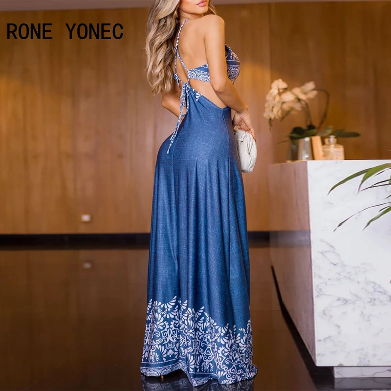 Women Elegant Sexy V Neck Spaghetti Straps Midriff  Maxi Tribal Ethos Style Sexy Dresses