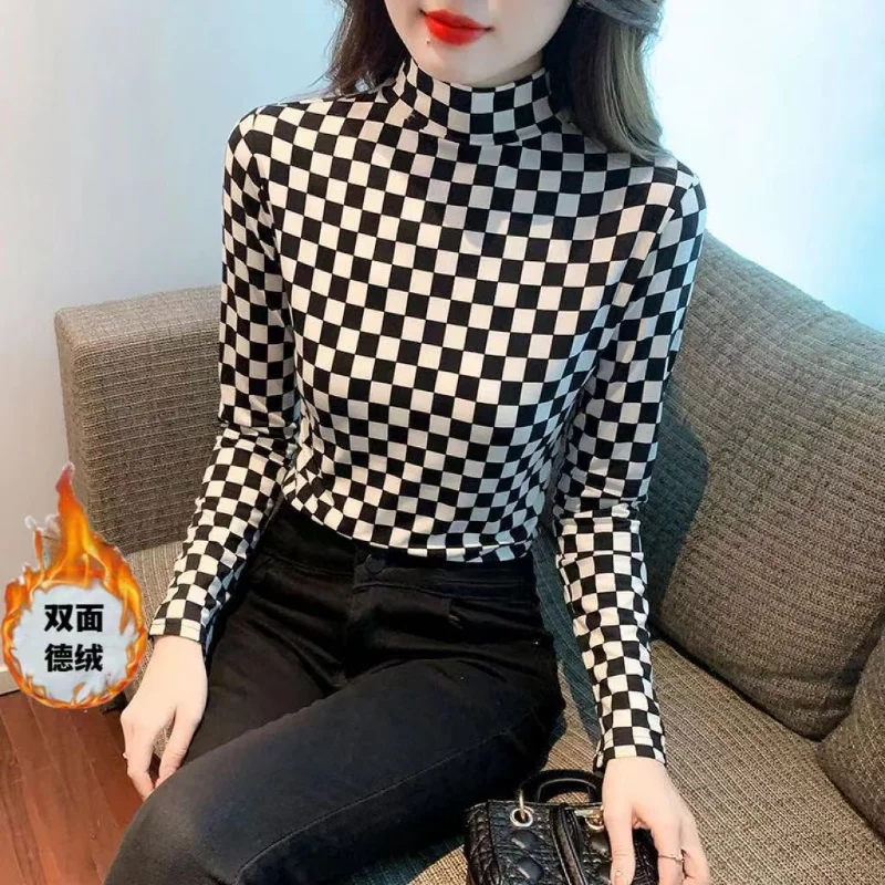 Autumn Winter New Fleece Plaid Print Bottoming Shirt Long Sleeve Half High Neck Plus Size Tops Tees Vintage Casual Women Clothes