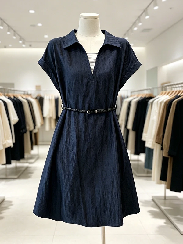 

Slimming Large Size Women's Summer Denim Blue V-neck Stripe Waist-cinching Dress Casual A-line Short Sleeve Dress