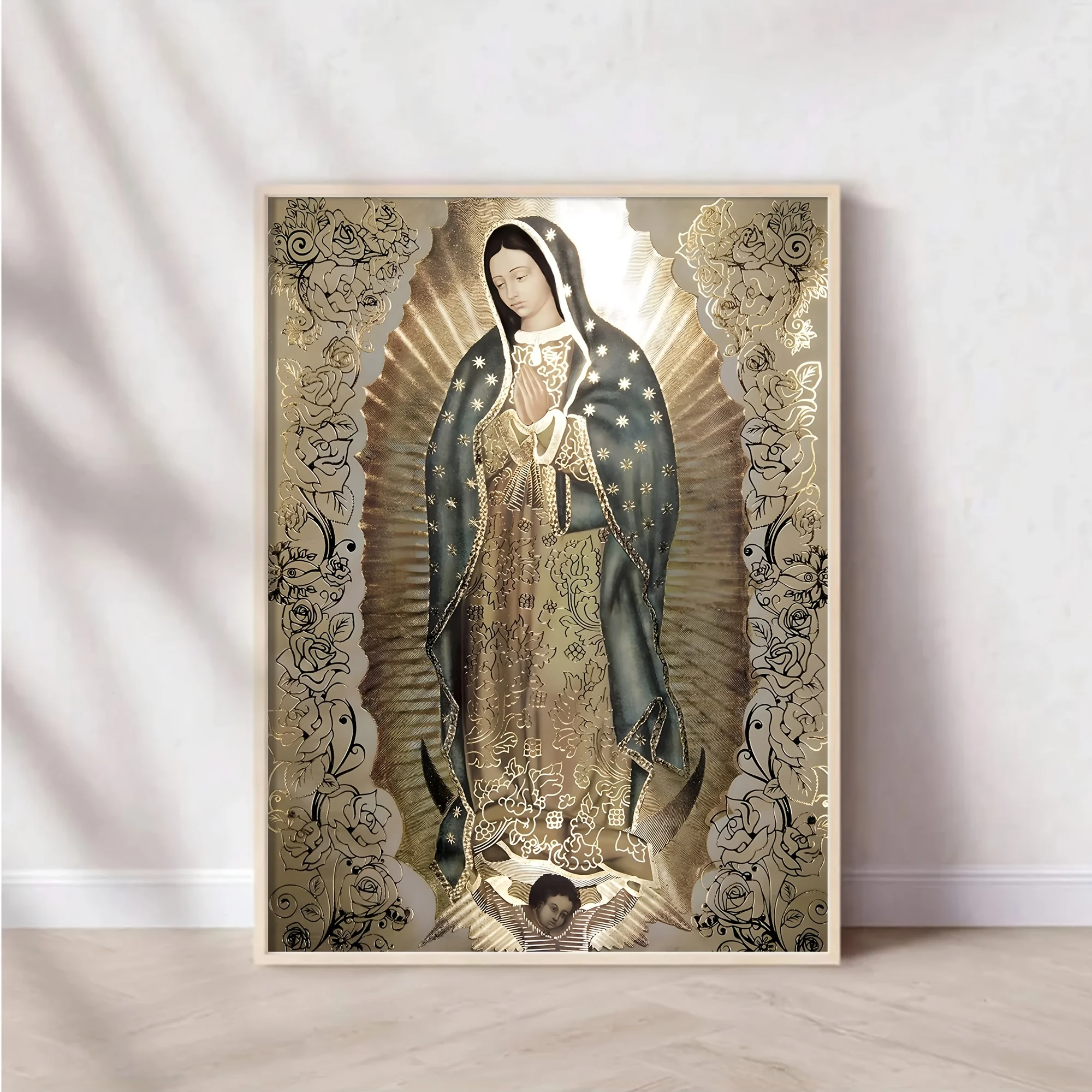 1pc Unframed Vintage 3D Our Lady of Guadalupe Canvas Art Print – Religious Wall Decor with Virgin Mary Illustration, High Qua