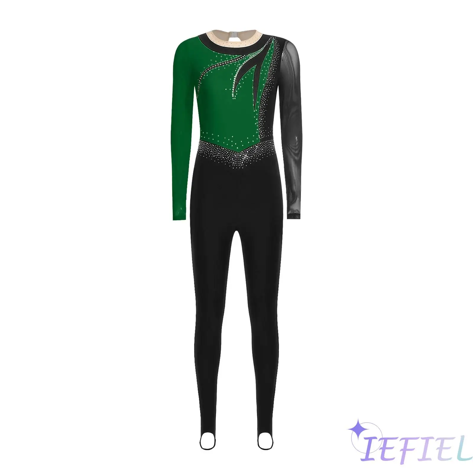 

Womens Figure Skating Competition Dance Outfit Lyrical Gymnastics Dance Bodysuit Jumpsuit Rhinestone Mesh Long Sleeve Leggings