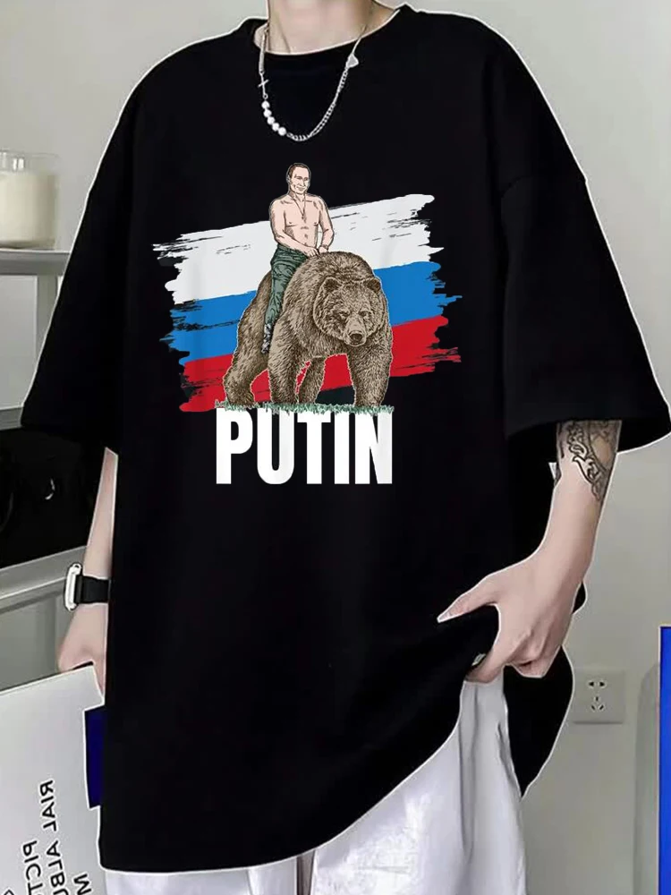 Putin On Bear Graphics Printting Men\'s New Hot Sell Short Sleeve T-Shirt Man Fashion Sports Clothing Casual Round Neck Tees Tops