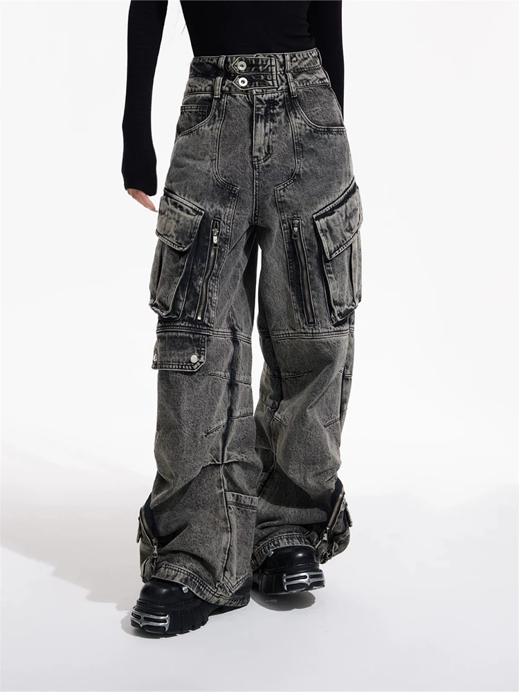 Women Grey Y2k Cargo Jeans Harajuku Baggy Denim Trouser 90s Vintage Japanese 2000s Style Oversize Jean Pants Trashy Clothes 2024