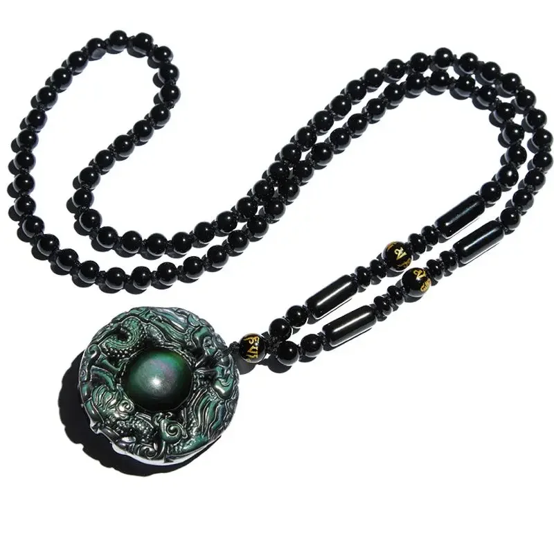 UMQ Natural Ice Color Obsidian Double Dragon Owner Men's Lucky Beads Jin Yaoshi Pendant Necklace Gift for Boyfriend