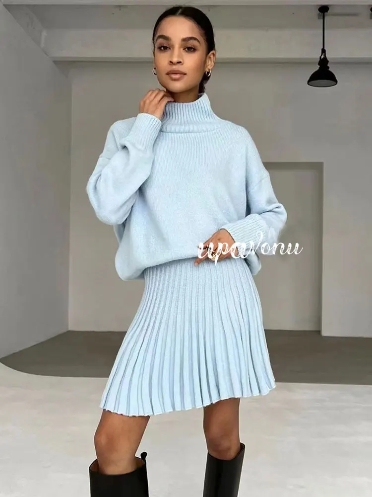 Women Pleated Skirt Suit 2022 New High Neck Long Sleeve Loose Pullover Knit Sweater & High Waist A Line Mini Skirt Two Piece Set