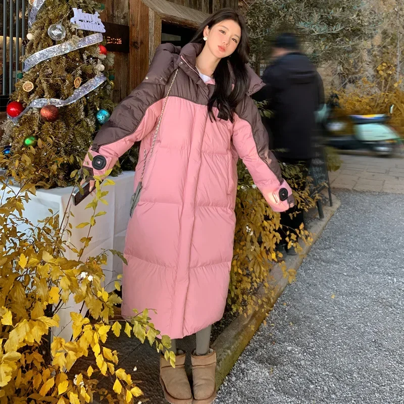 Chaqueta acolchada por encima de la rodilla para mujer, Parkas de retazos, chaqueta acolchada de algodón con capucha, ropa de invierno, abrigos gruesos cálidos a prueba de viento