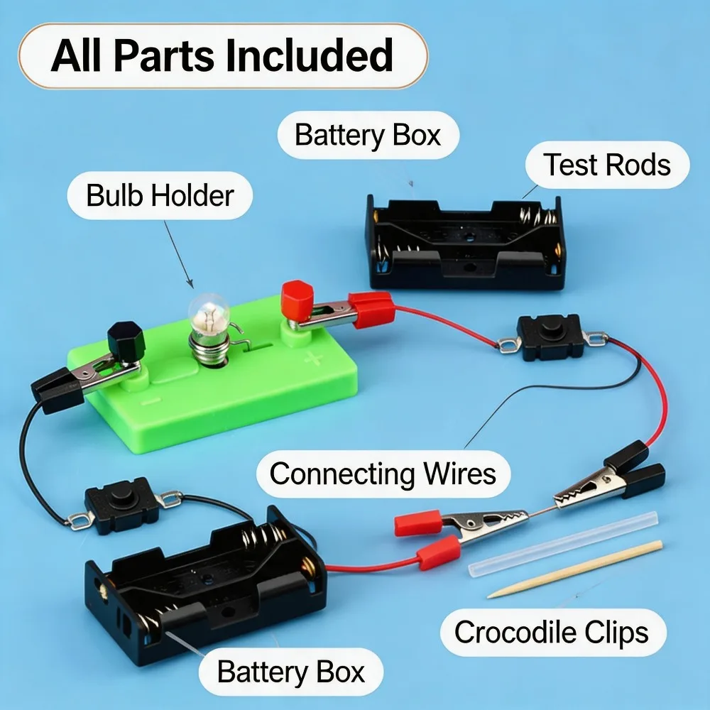 DIY Circuit Experiment Kit Kids Science Educational Toy, Conductor and Insulator Test Set with Light Bulb for Physics Project