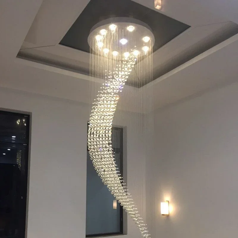 Modern Staircase Crystal Chandelier Luxury Spiral Design Hall Light Fixture Living Dining Room Suspension Wire Cristal Lamp