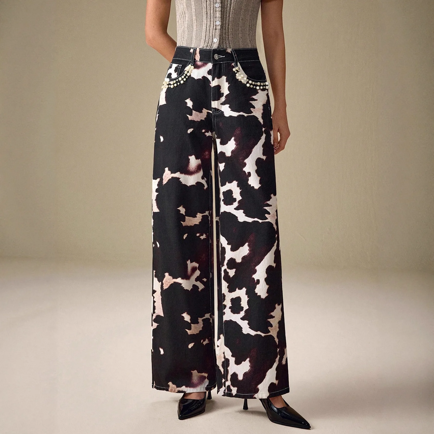 Vintage Cow Print Jeans Women Y2k Baggy Hip Hop Washed Denim Trousers Grunge Retro Streetwear Wide Leg Jeans Aesthetic