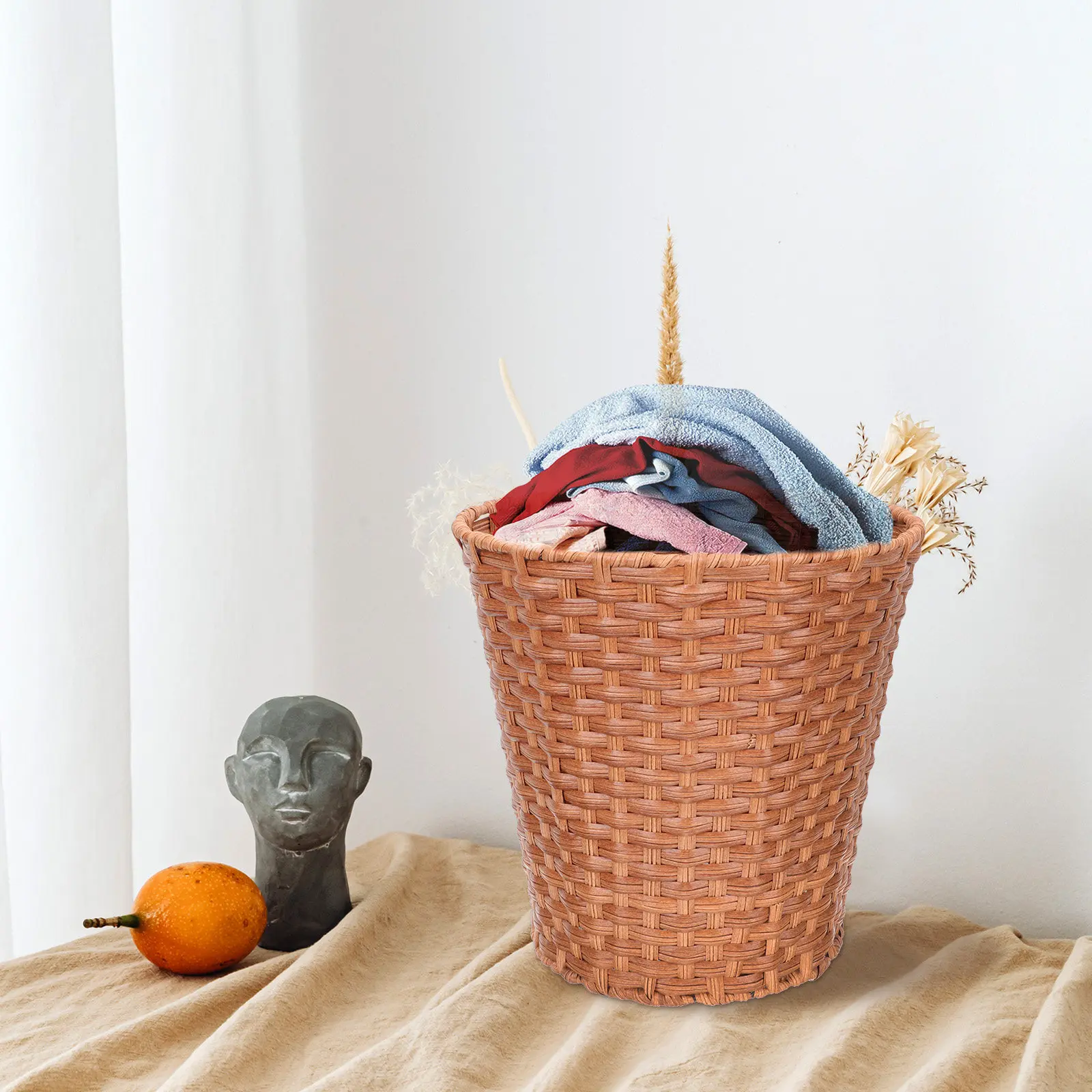 

Premium Imitation Rattan Woven Storage Basket Trash Can for Home Living Room Bedroom Kitchen Decorative Sundries Organizer