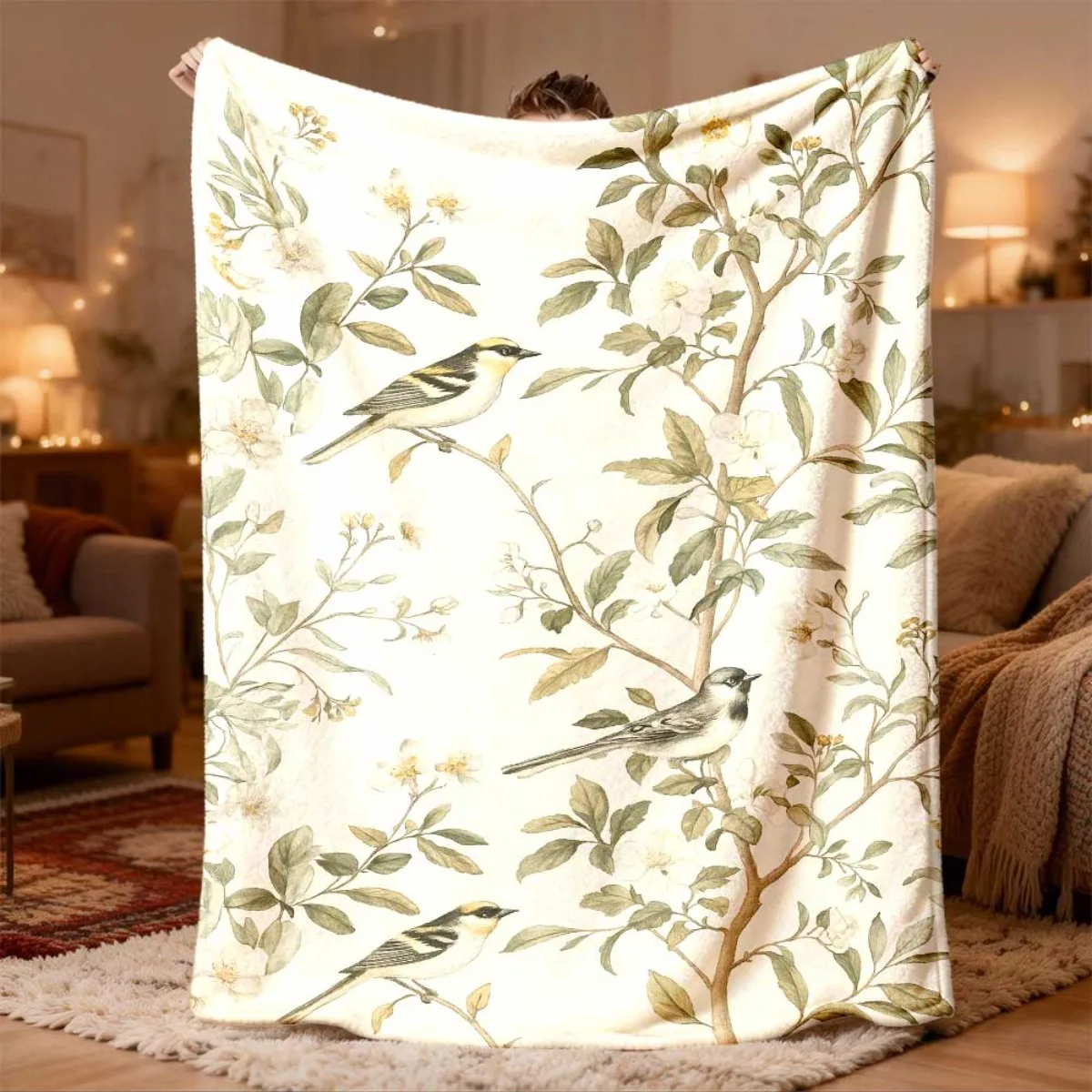 Chic Botanical Floral Bird Pattern Throw Blanket Cozy Sofa Decor Large Chunky Knit Throw 150x200cm
