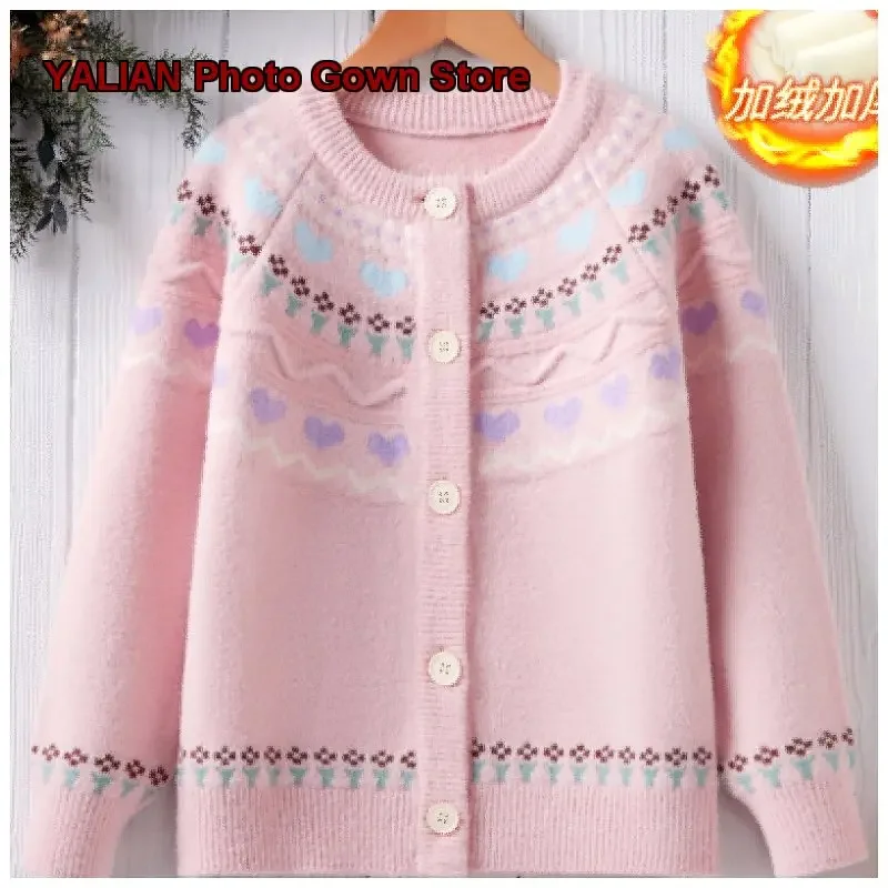 Girls Fleece-Lined Thickened Knit Coat Kids College-Style Autumn Winter Top for Older Kids