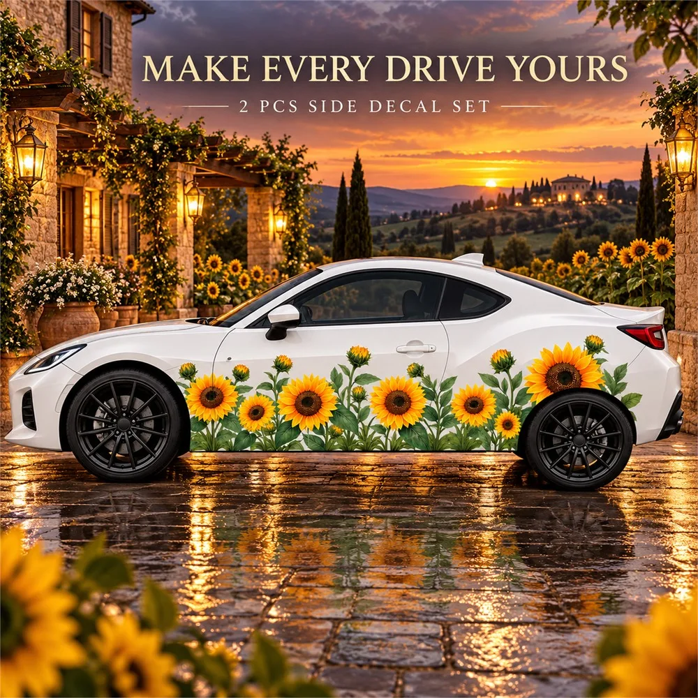 2 PCS Sunflower Car Side Decals, Die-Cut Yellow Flower and Green Leaf Vinyl Sticker Set