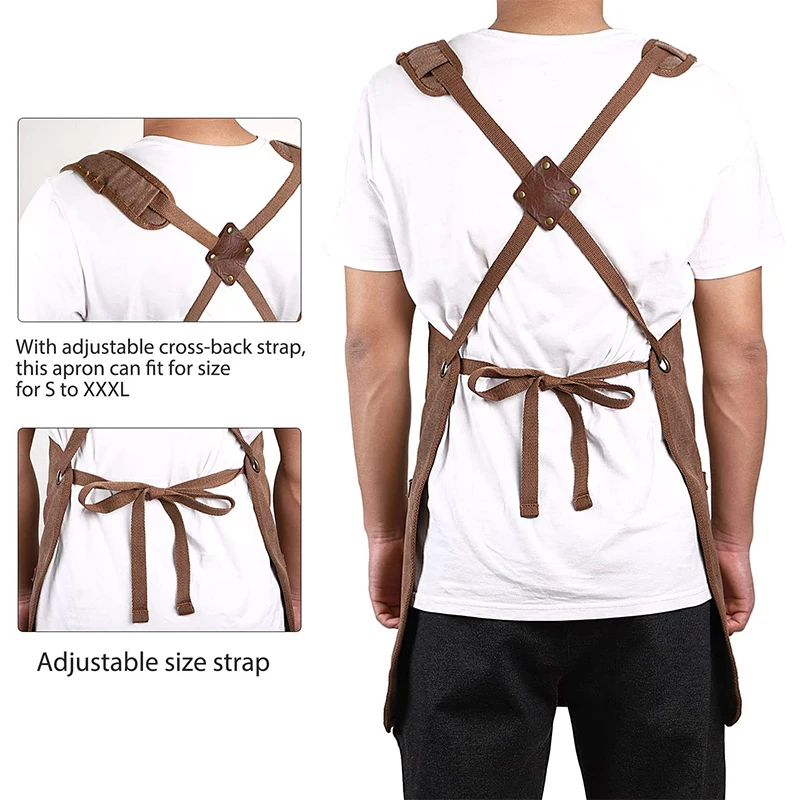 Gardening Kitchen Work Apron Durable Goods Heavy Duty Unisex Canvas With Tool Pockets Cross-Back Straps For Woodworking Painting