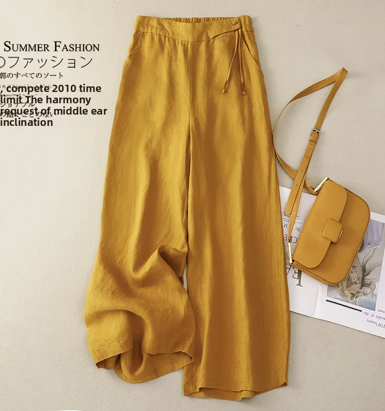 

Повседневные льняные широкие брюки, женские весенне-летние новые свободные драпированные брюки, молодежные брюки с девятью точками, модная высокая талия