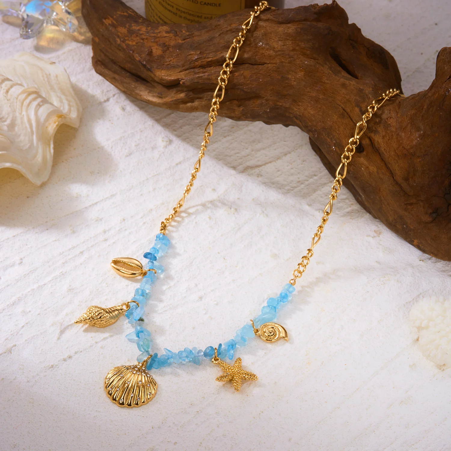 Boho Y2K Süße Muschel-Seestern-Halskette für Frauen, Blaue Unregelmäßige Kiesel-Muschel-Anhänger, Ästhetischer Schmuck, Partygeschenk – Detail 6
