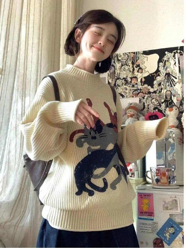 فضفاضة تناسب جولة Ne Long Sve المرأة تريكو الشتاء تصميم جديد كسول Sle مريحة الدافئة Faionable عارضة أعلى #1