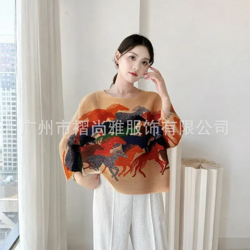 Miyake Pleated 2026 Autumn New Gunma Print Casual Oil Painting Style Design Retro Fashion Loose Heavy Craft Top for Women Pleat