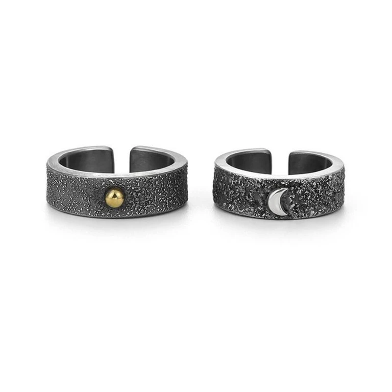 Retro Black Drip Glaze Sun Moon 925 Sterling Silver Female Resizable Opening Rings RI1022
