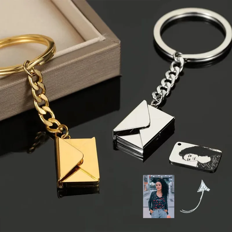 

Customize Stainless steel envelope keychain Engrave envelope keychain Couples unisex key chain factory direct sales