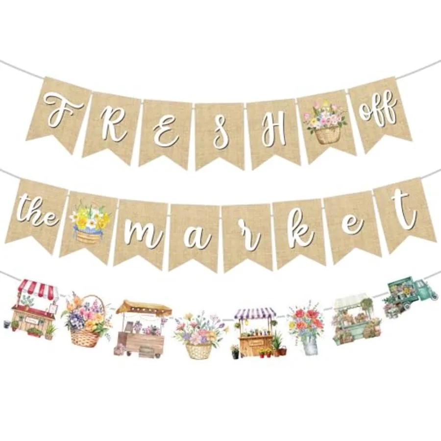 

Fresh Off the Market Bridal Shower Decor, Rustic Burlap Floral Farmers Market Banner Set for Engagement Party Bachelorette Brun