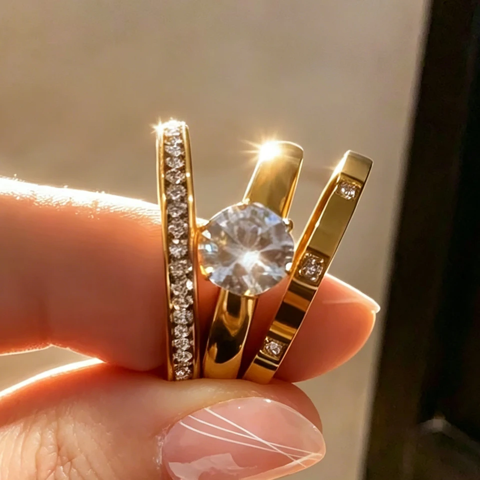 Yupsk 3pcs/set Shining Synthetic Zircon Stainless Steel Ring Set for Women Simple Fashion Daily Stackable Rings Accessory