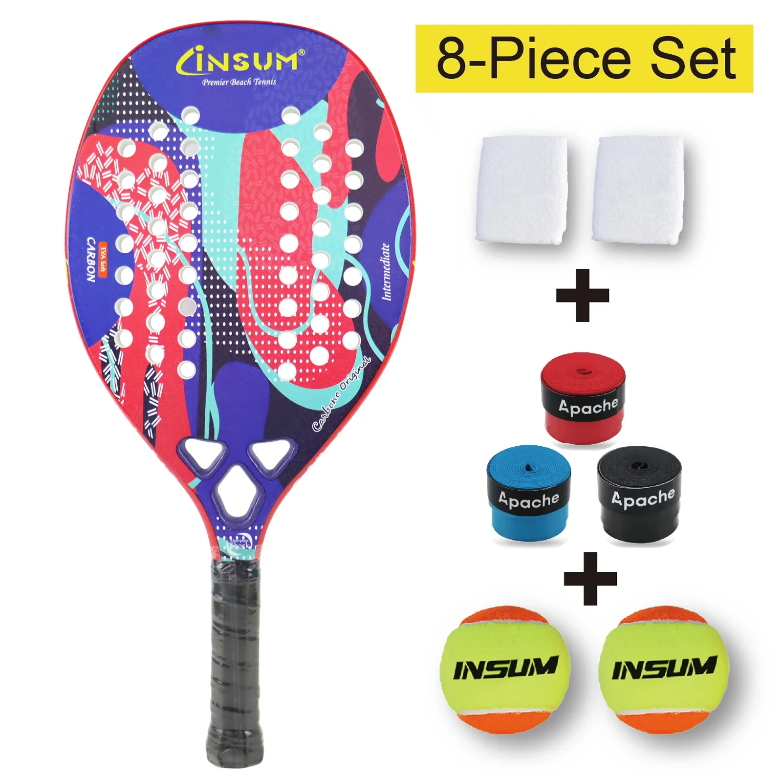 مجموعة مضارب تنس الشاطئ - 8 قطع من مادة إطار من ألياف الكربون وبناء رغوي وحواف واحدة لجميع الأعمار المبتدئين