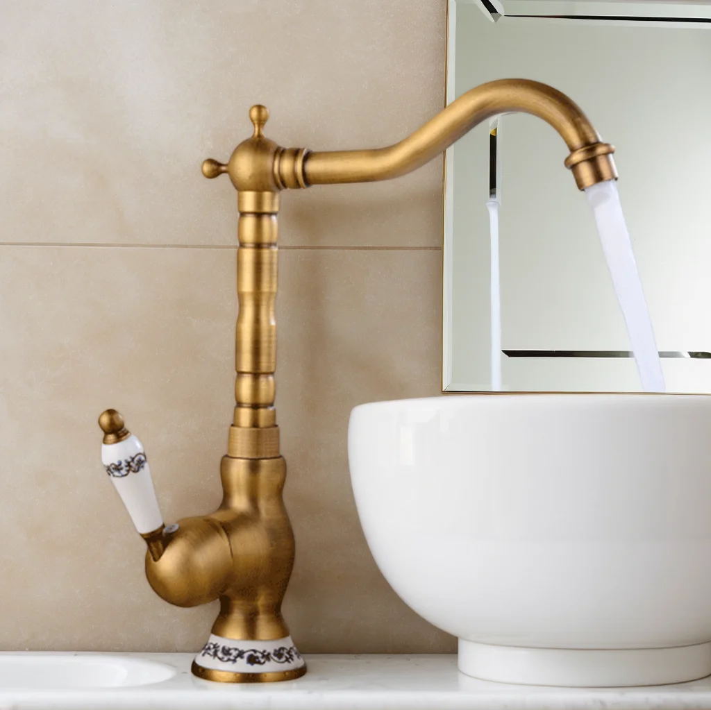 KEMAIDI Badkamer Wastafel Kraan Badrandcombinaties Antiek Messing Kraan met enkele handgreep en 360-draaibare uitloop Warm en koud water Mengkraan - afbeelding 1